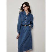 mid-length denim A-line dress with lapel collar, view 4 - MRSLM