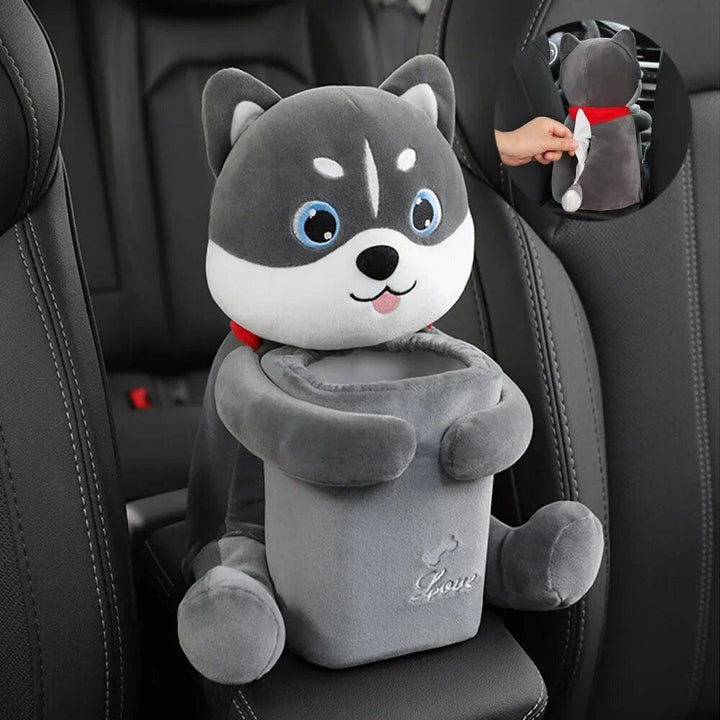 Universal Plush Car Organizer with Integrated Tissue Box and Trash Bin