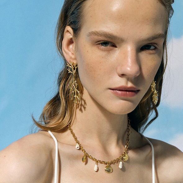 gold coral pearl pendant earrings, view 5 - MRSLM