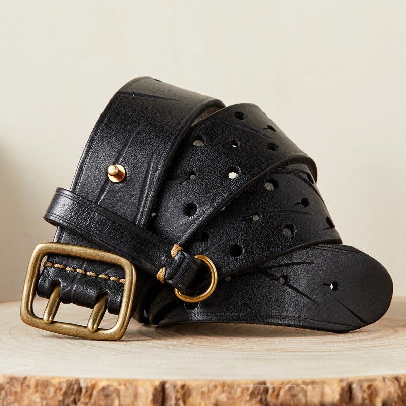 men's genuine leather double buckle belt, view 3 - MRSLM