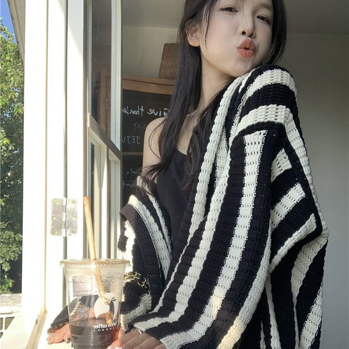 Women's Autumn V-neck Sweater Coat Hooded Striped Cardigan