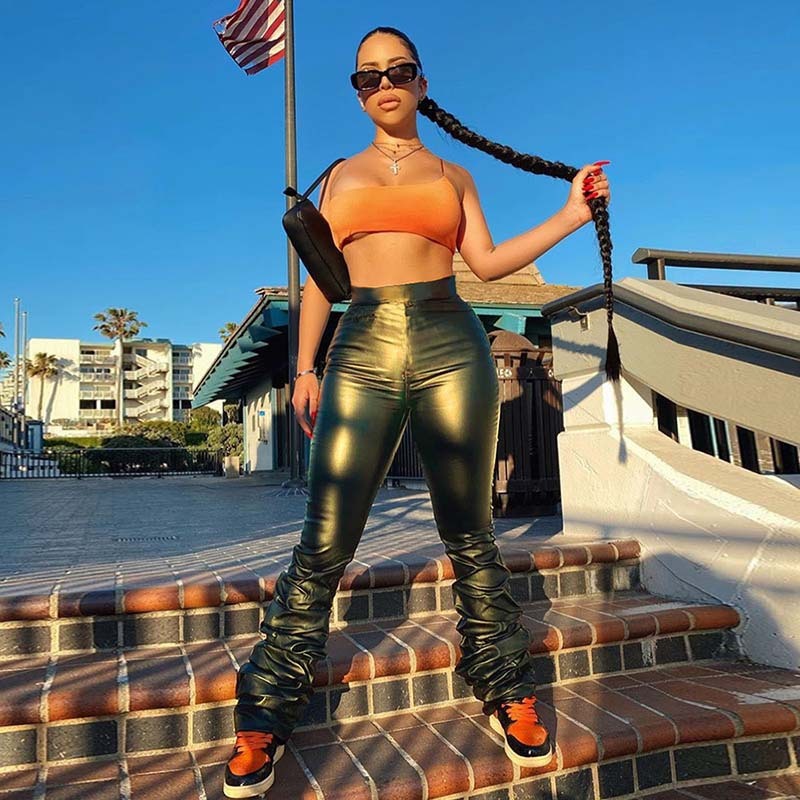 High-waisted Leather Casual Stacked Pants