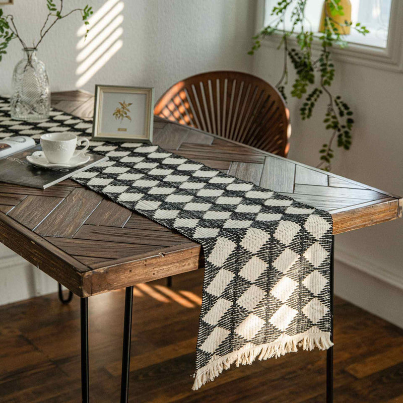 black and white diamond tassel table runner, view 2 - MRSLM