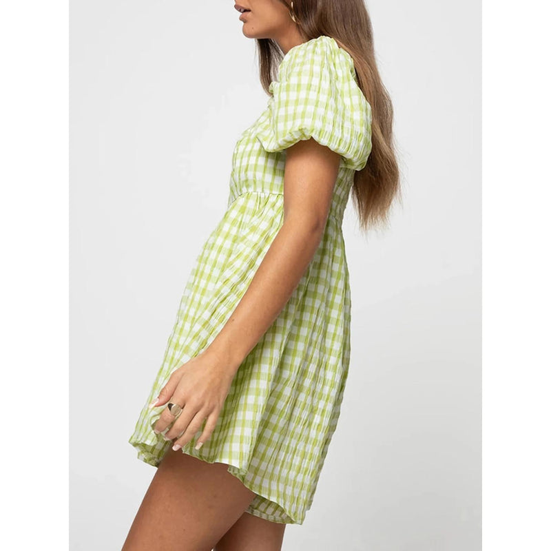 plaid puff sleeve jumpsuit dress, view 5 - MRSLM