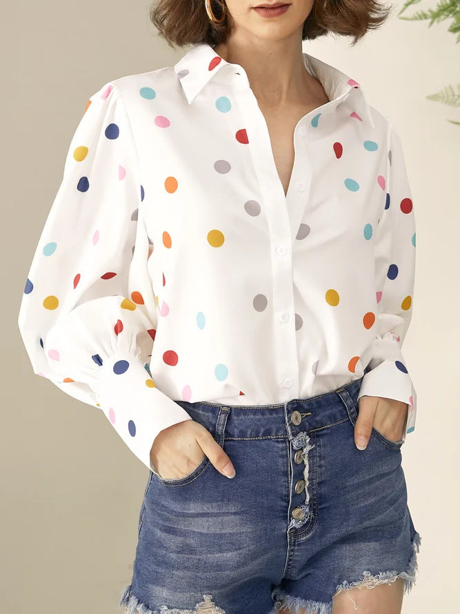 women's printed lantern sleeve summer shirt, view 3 - MRSLM