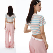 striped butterfly embroidered crop t-shirt, view 6 - MRSLM