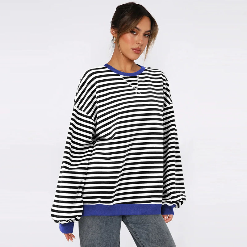 women's patchwork striped loose sweatshirt, view 6 - MRSLM