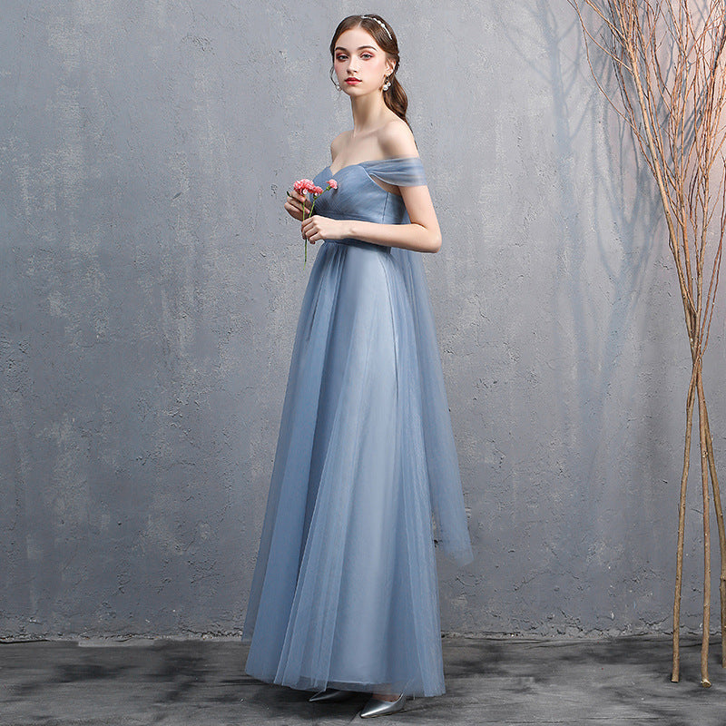 gray-blue off-shoulder banquet dress, view 4 - MRSLM