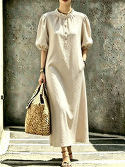 Women's puff sleeve stand collar straight dress, view 8 - MRSLM