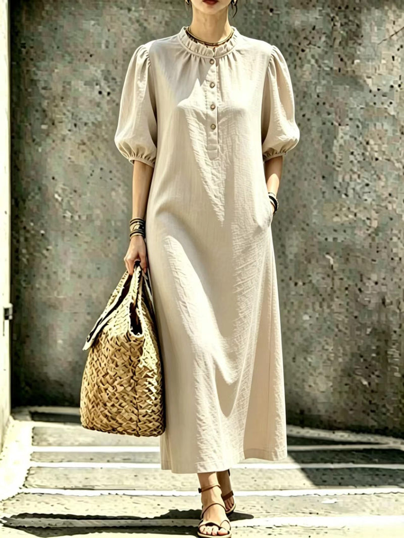 Women's puff sleeve stand collar straight dress, view 8 - MRSLM