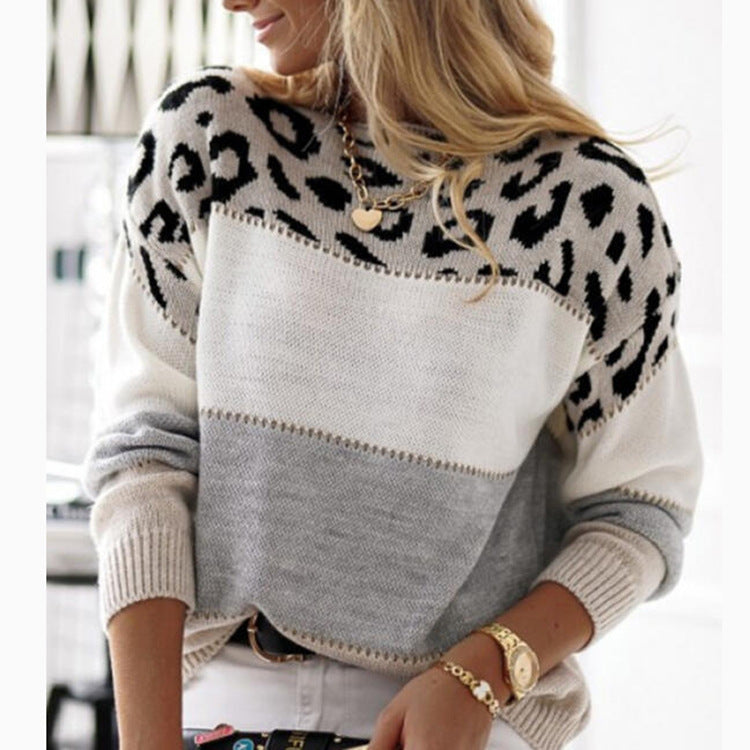 women's leopard print color-block crew sweater, view 6 - MRSLM
