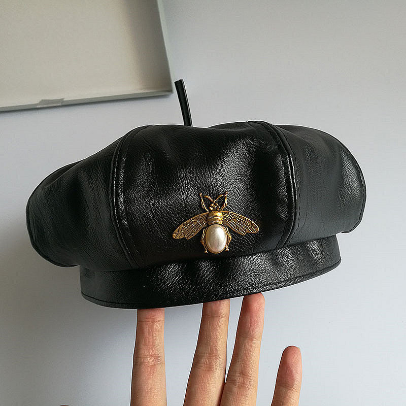 black faux leather beret, view 3 - MRSLM