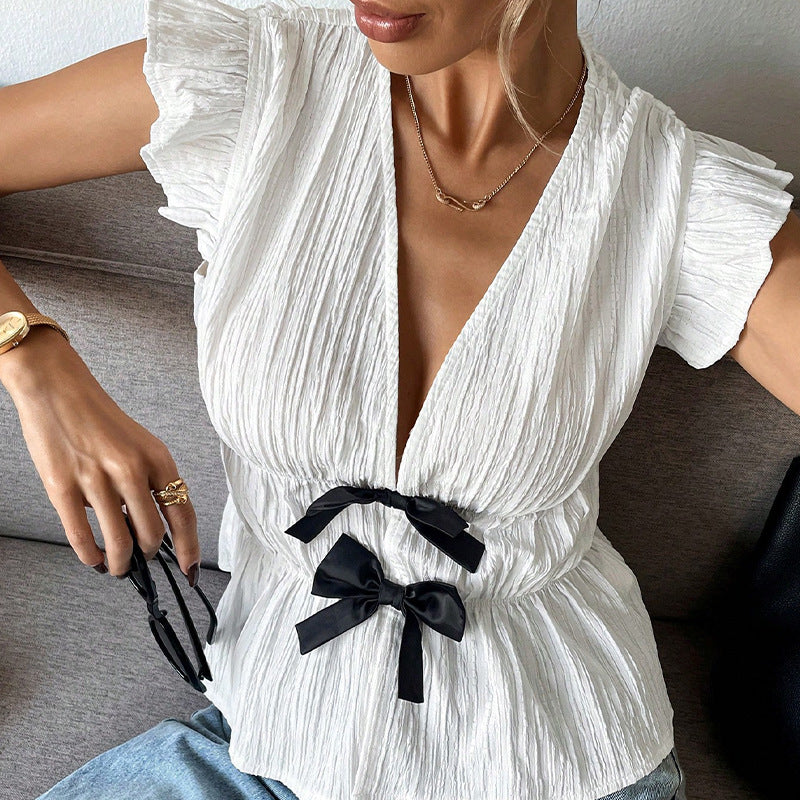 women's bow shirt with ruffled sleeves, view 6 - MRSLM