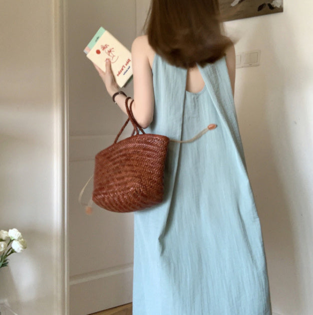 pea green halter long dress, view 2 - MRSLM