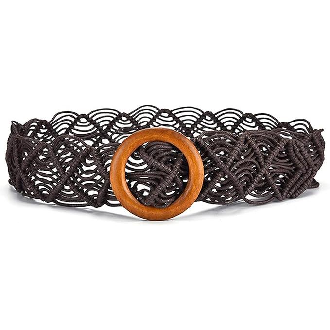 boho woven belt with wooden buckle, view 2 - MRSLM