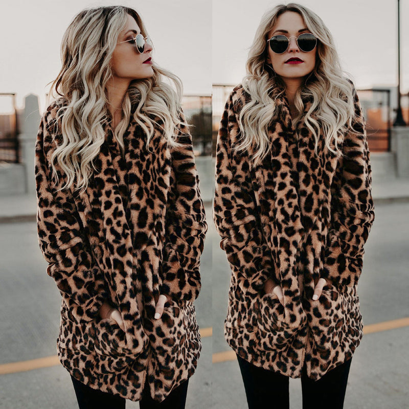 Women's leopard print faux fur winter coat, view 3 - MRSLM