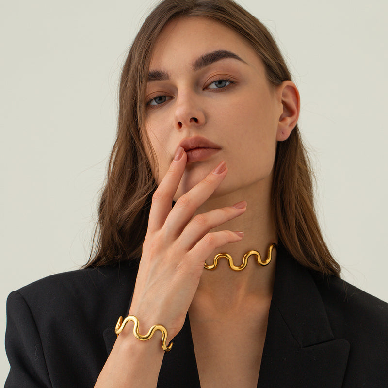 gold wave bracelet and necklace set, view 4 - MRSLM