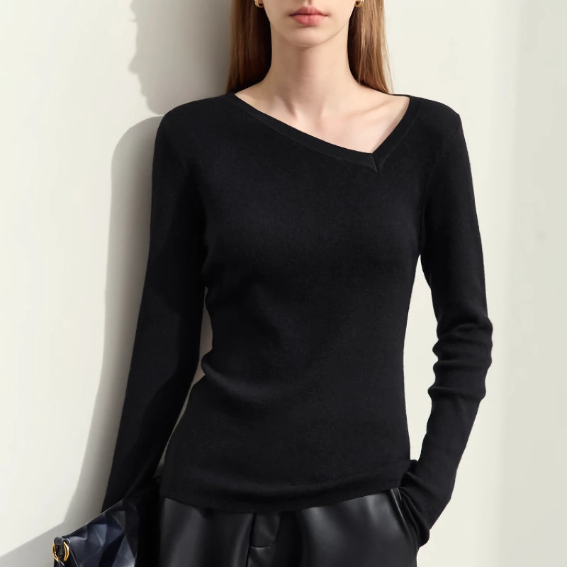 asymmetrical diagonal v-neck slim sweater, view 2 - MRSLM