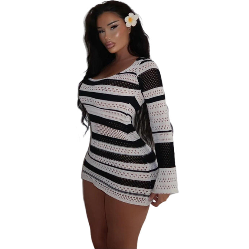 knitted striped long sleeve dress, view 5 - MRSLM