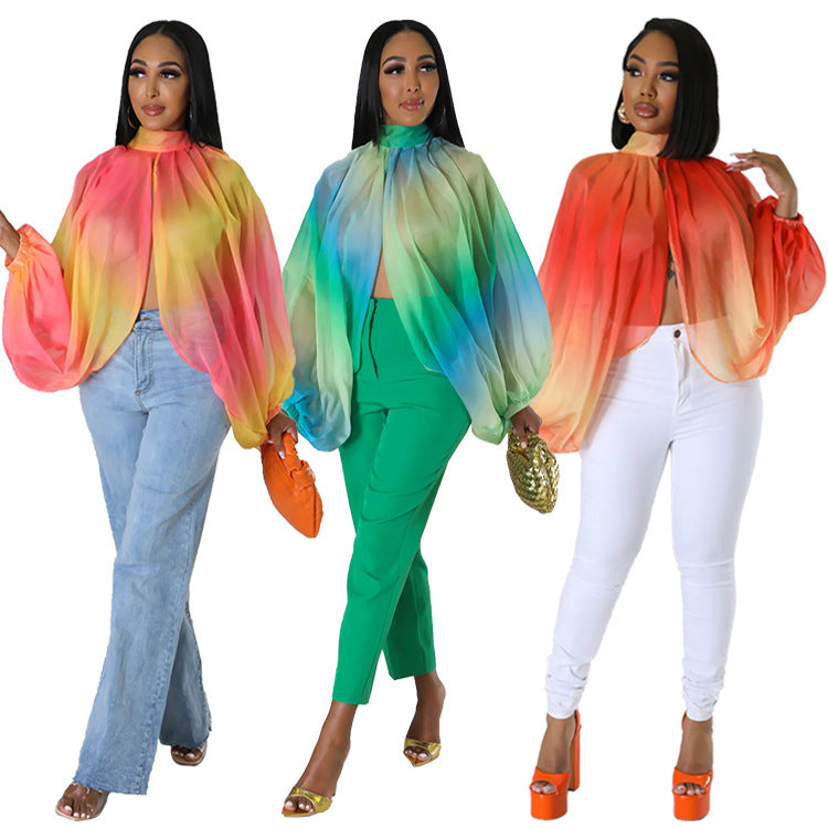 women's sheer chiffon printed long sleeve top, view 2 - MRSLM