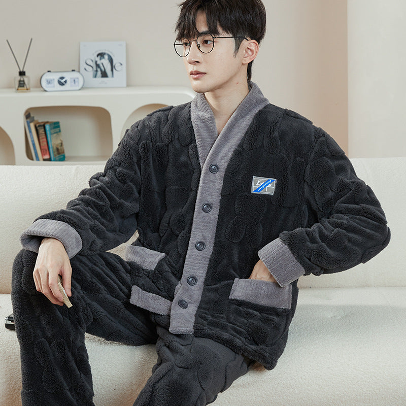 Men's fleece-lined flannel pajama set, view 25 - MRSLM