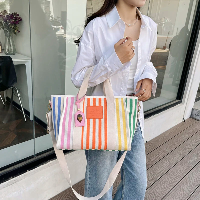 colorful striped canvas tote bag, view 7 - MRSLM