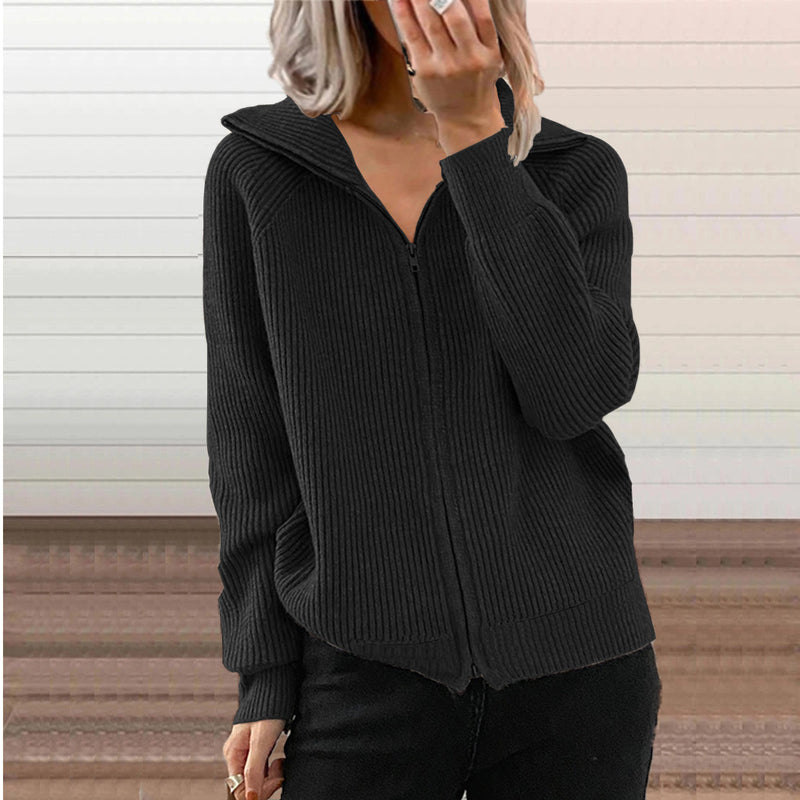 women's striped knit zip cardigan coat, view 3 - MRSLM