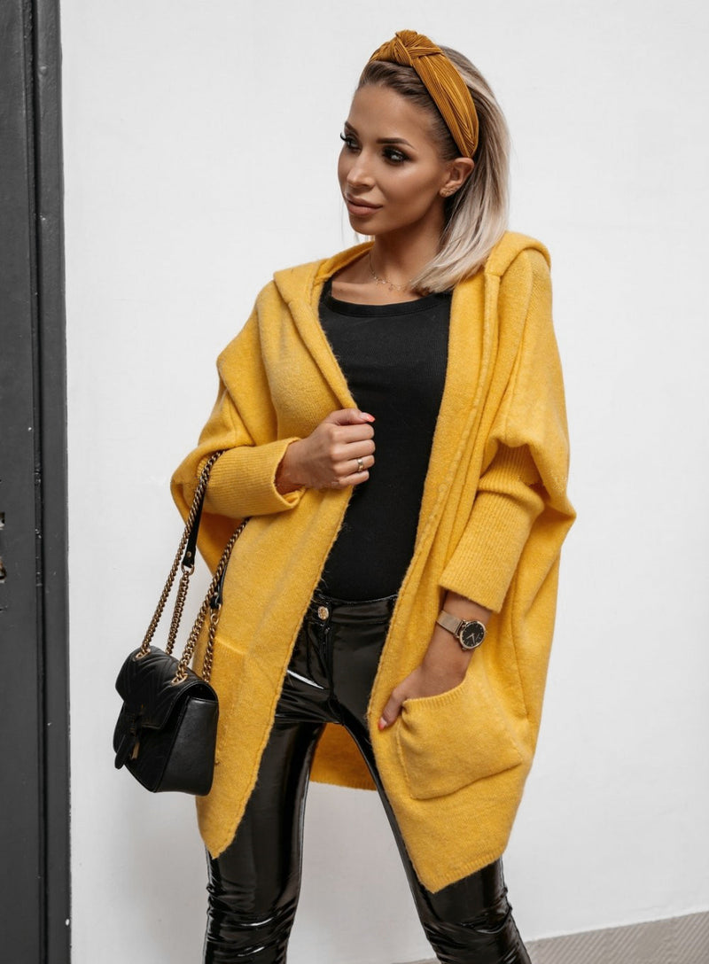 Women's hooded knit sweater coat with pockets, view 7 - MRSLM