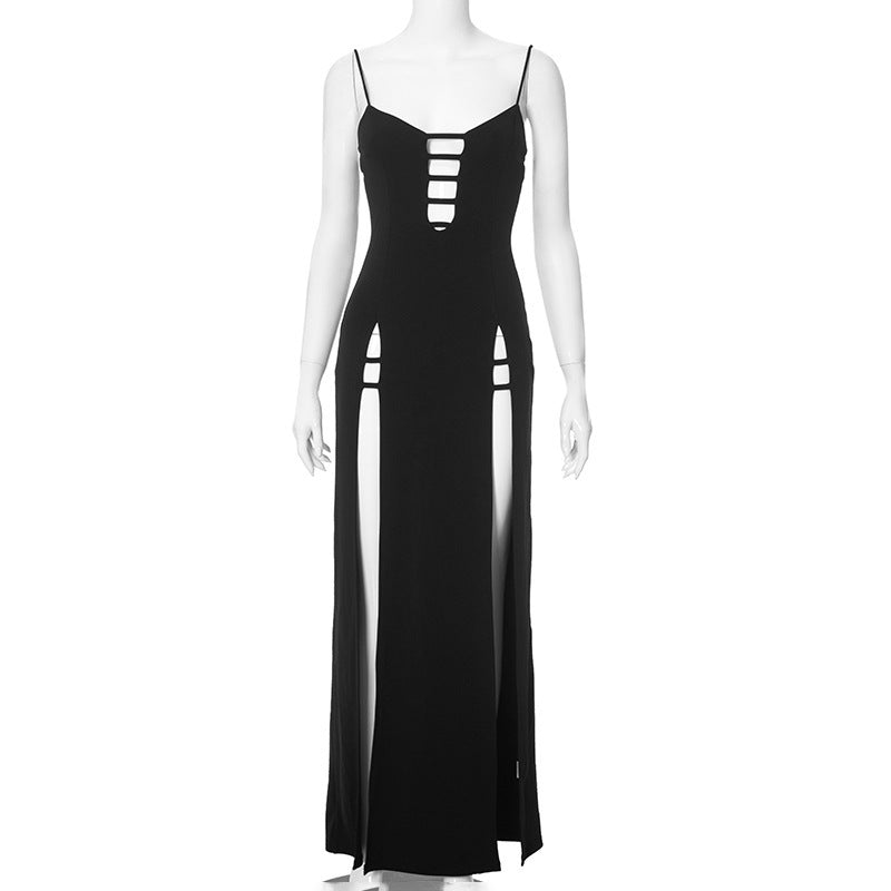 black sling slit dress, view 6 - MRSLM