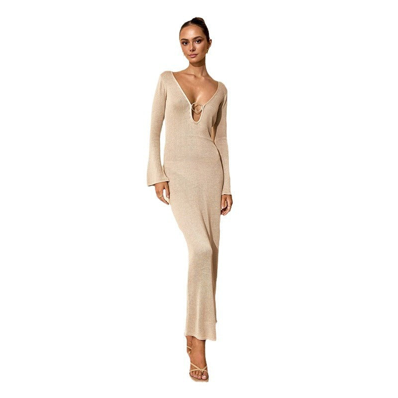 v-neck backless long sleeve knitted dress, view 5 - MRSLM