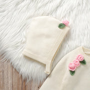 newborn baby girl knit bodysuit and floral hat set, view 5 - MRSLM