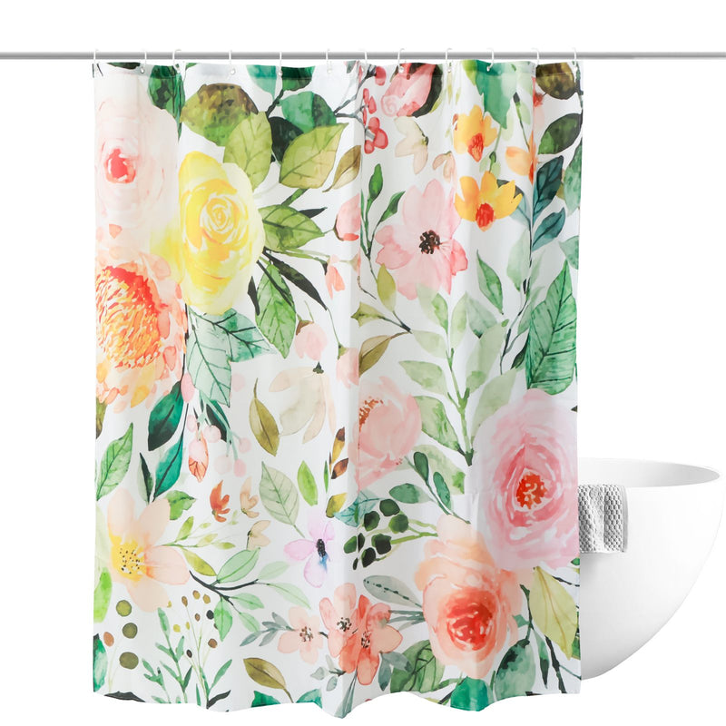 waterproof floral shower curtain with 12 hooks, view 2 - MRSLM