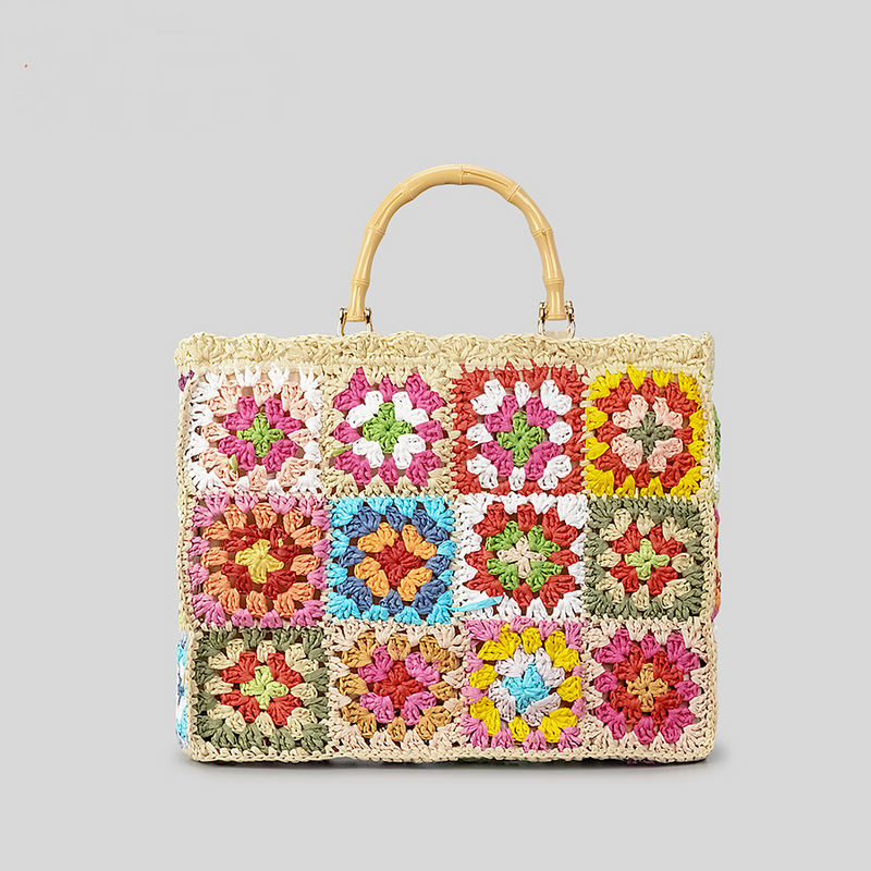 bohemian floral tote bag with bamboo handles, view 2 - MRSLM