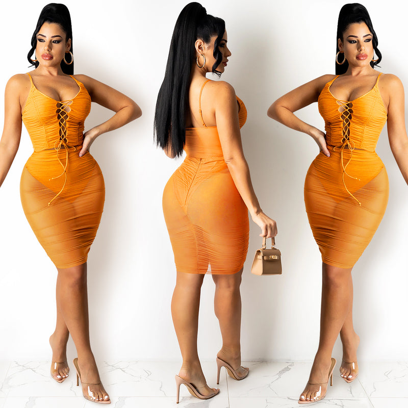 women's sling vest and lace-up pleated skirt set, view 3 - MRSLM