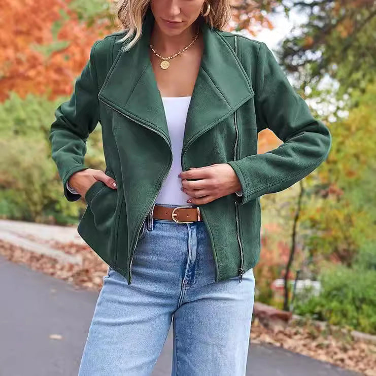 women's short suede motorcycle jacket, view 3 - MRSLM