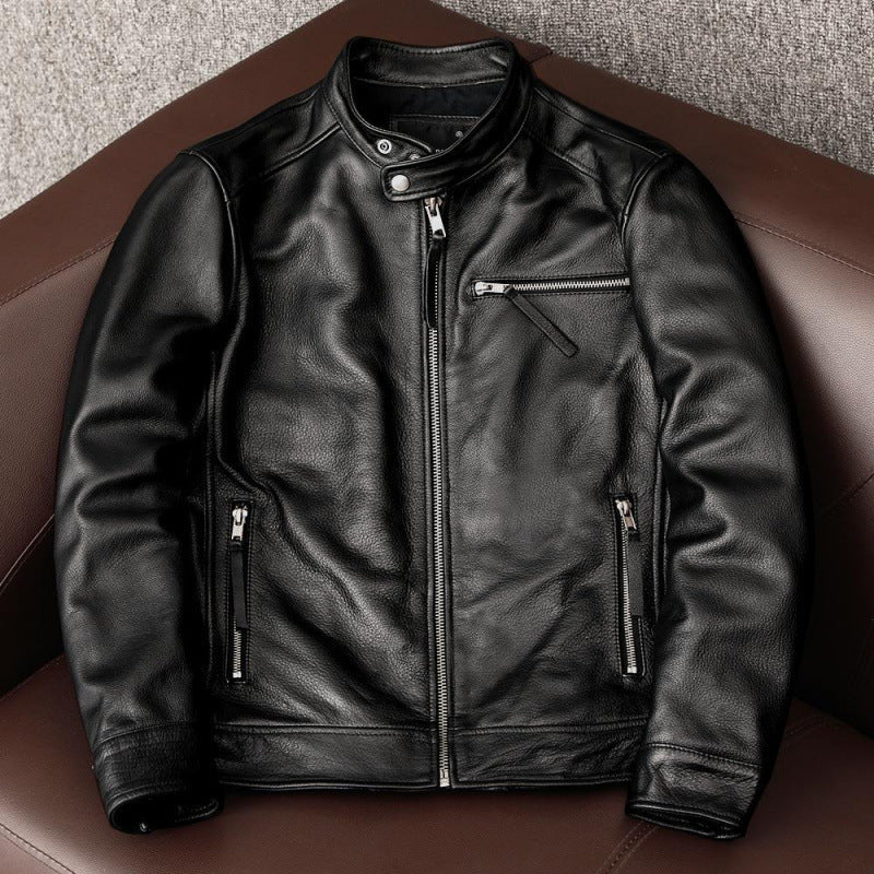 men's stand collar leather coat, view 6 - MRSLM
