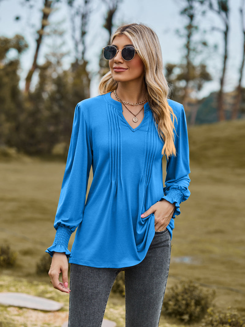 women's puff sleeve smocked v-neck top, view 9 - MRSLM