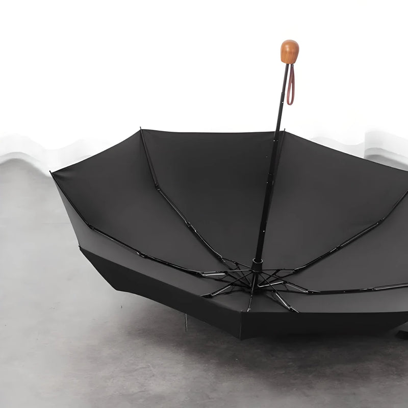 compact windproof umbrella with wooden handle, view 9 - MRSLM