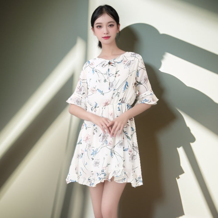 floral chiffon bell sleeve dress, view 4 - MRSLM