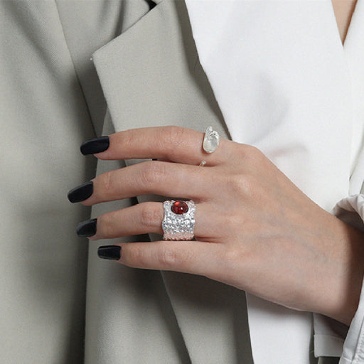 Red stone adjustable silver ring - MRSLM