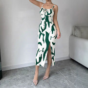 Printed suspender split dress with lace-up waist, view 6 - MRSLM