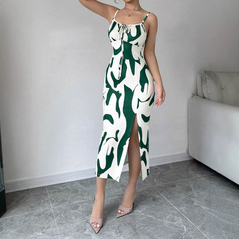 Printed suspender split dress with lace-up waist, view 6 - MRSLM