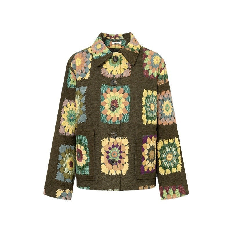 lapel flower print green jacket, view 5 - MRSLM