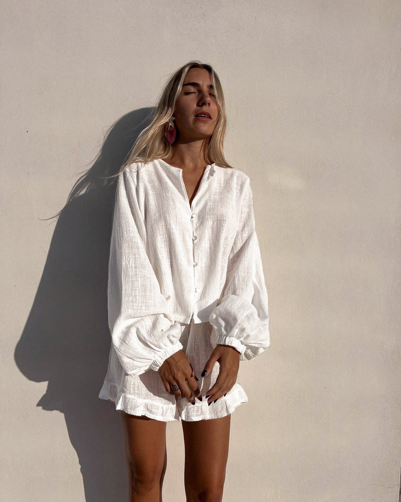 white cotton lantern sleeve top and shorts set, view 7 - MRSLM