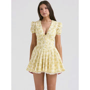 deep V floral puff sleeve dress, view 2 - MRSLM