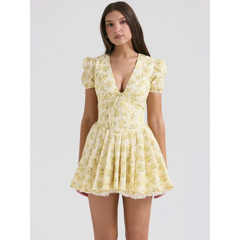 deep V floral puff sleeve dress, view 2 - MRSLM