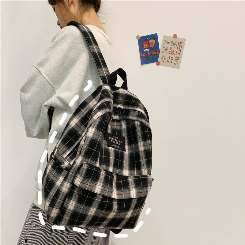 Plaid canvas casual schoolbag, view 3 - MRSLM