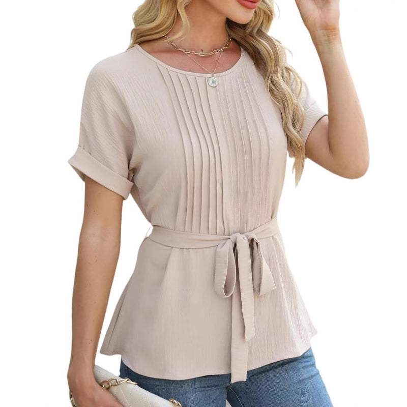 Women's ruffled pleated round neck top, view 3 - MRSLM