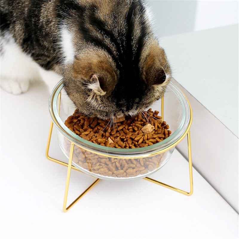 glass cat and dog bowl with gold stand, view 5 - MRSLM