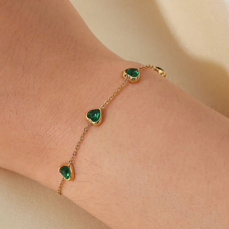 gold plated green heart bracelet, view 4 - MRSLM